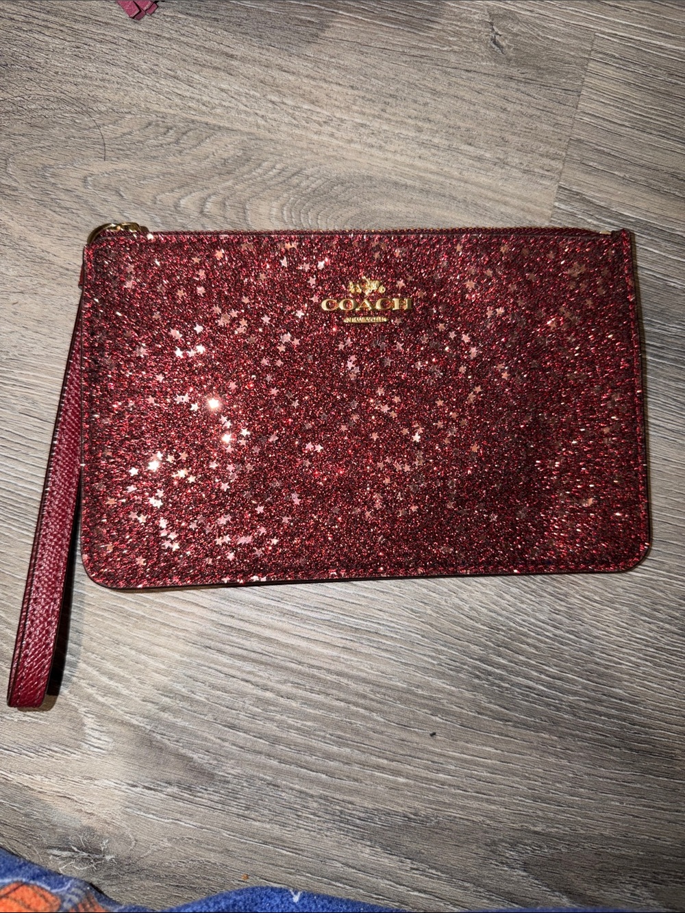 Coach Red Glitter Zip Wristlet with Gold Logo